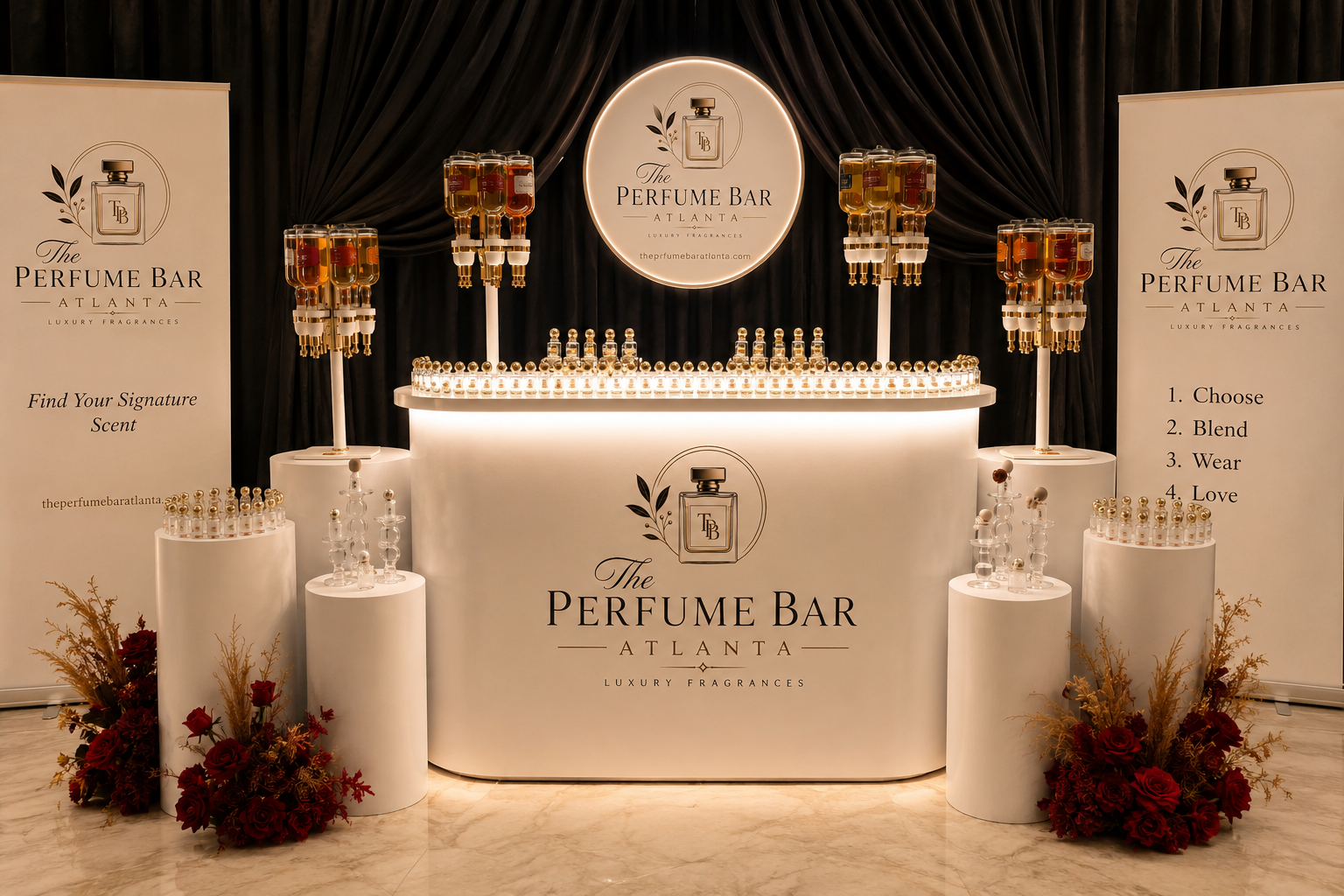 Display of 'The Perfume Bar Atlanta' with decorative bottles and branding.