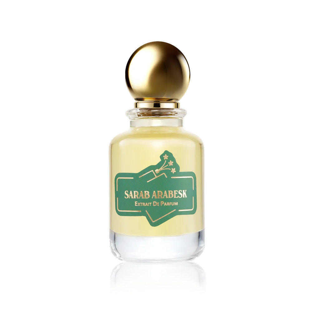 Perfume bottle with gold cap and 'Sarab Arabesk' label on a white background